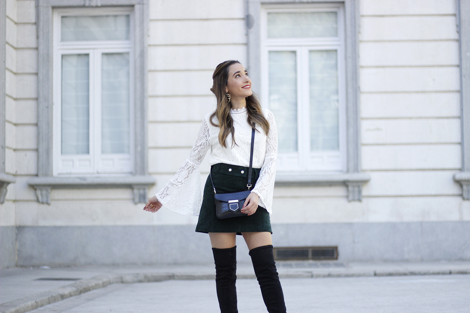 white skirt black boots
